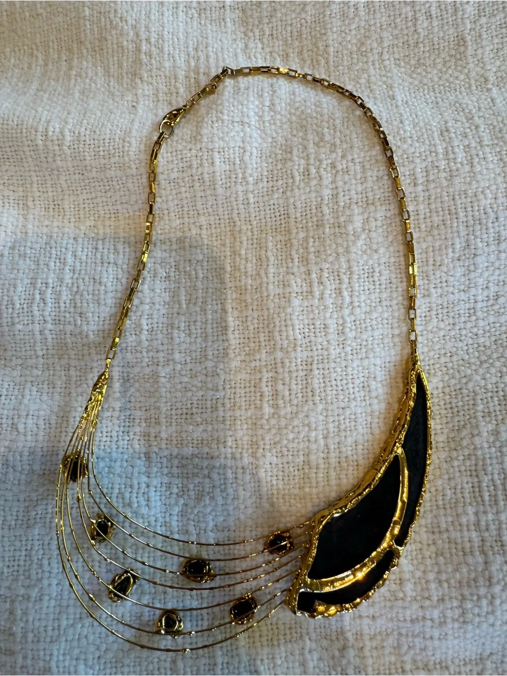 Vintage 80s Asymmetrical Black Enamel Gold Wire Bib Collar Necklace Gala Fancy